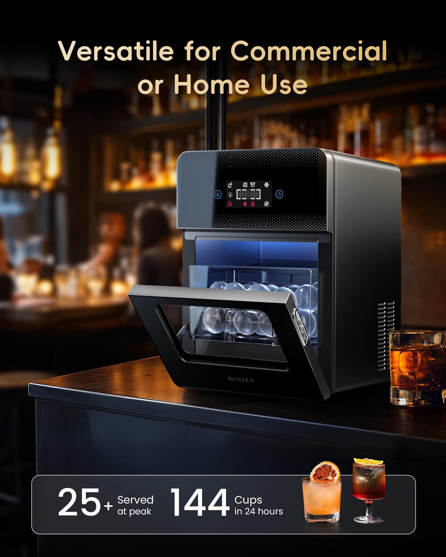 ecozy 2" Clear Ice Ball Maker Countertop with CrystalFlux Technology, 4 pcs in 40 Mins, 144 pcs/Day, Sphere Ice Maker with Enhanced Insulation, Automatic Water Supply, Self-Cleaning for Whiskey Bar