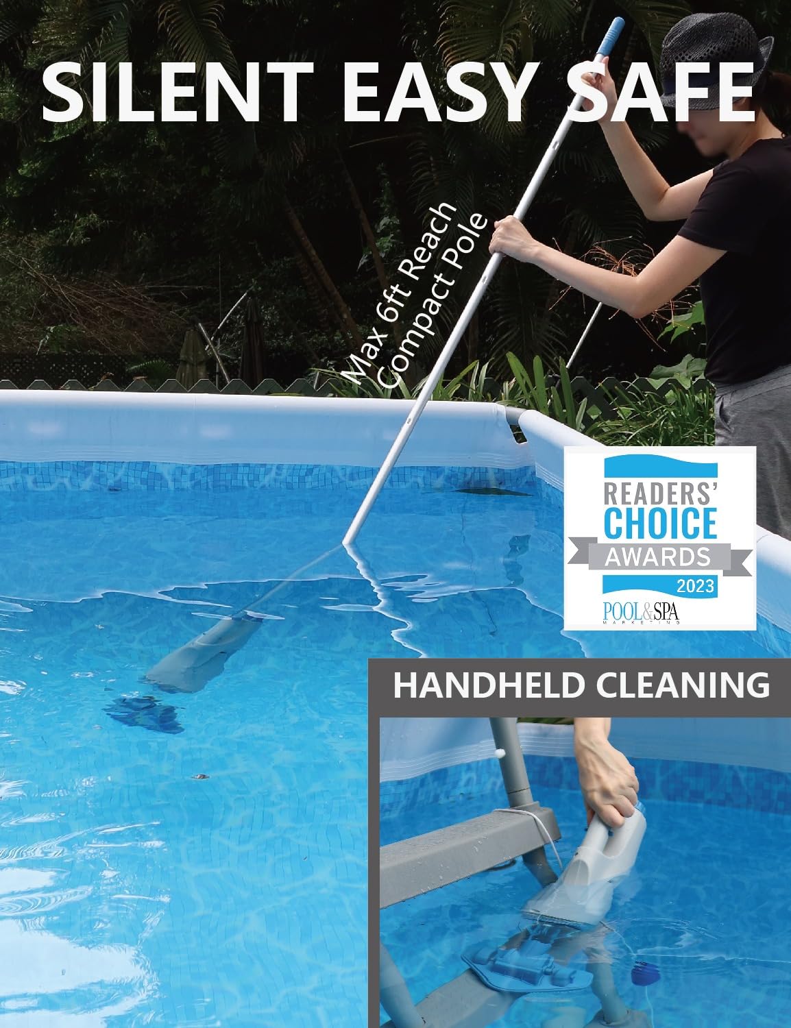 KOKIDO Cordless Handheld Pool Vacuum for Above Ground Pool, with 6ft Pole and 2 Vac Brush Heads, Ideal for Spot Clean Inground Pool Spa Hot Tub up to 20ft, Rechargeable, 60min, Sand and Debris XV110