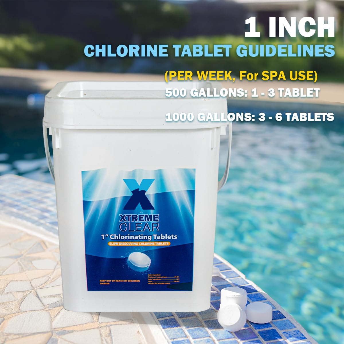 XtremeClear 5lbs 1" Chlorine Tabs for Swimming Pool Hot Tub & Spa Eliminate Bacteria & Algae Sanitizer Makes Water Clean & Crystal Clear Slow Dissolving, 5-Pounds