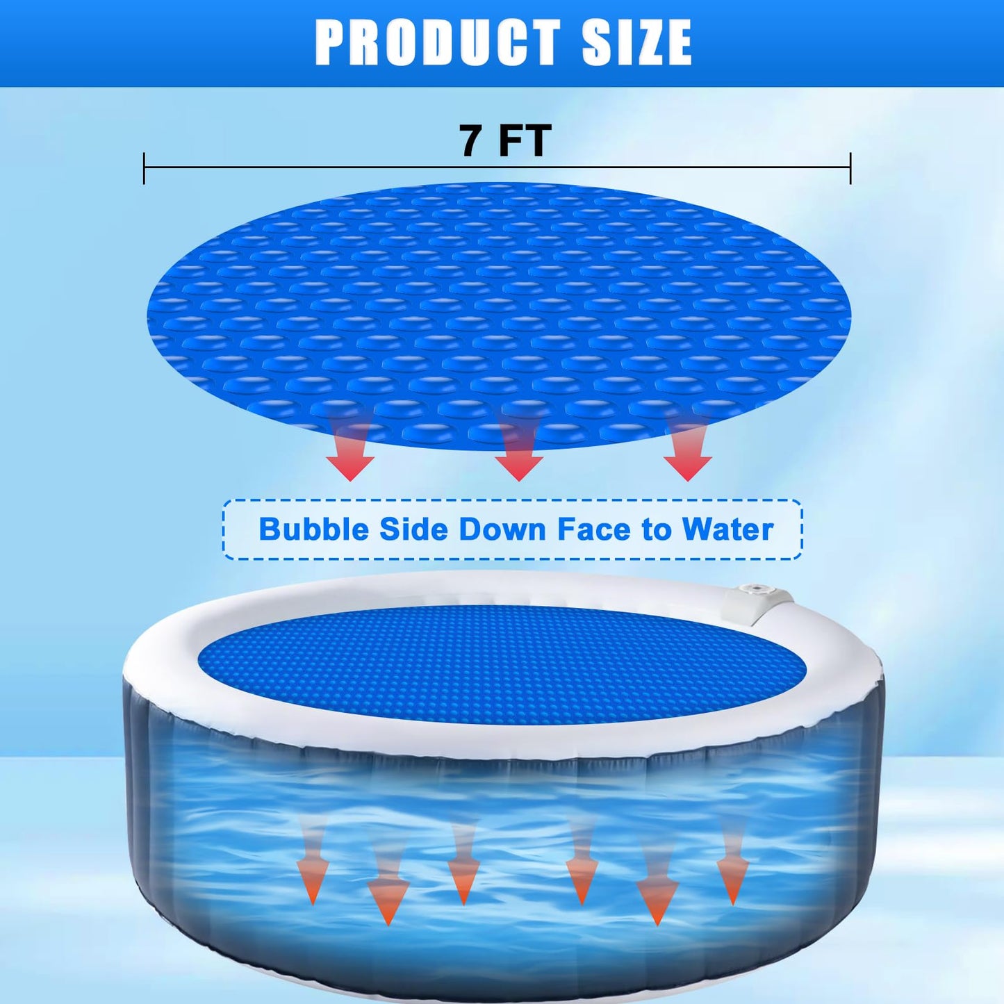 Kakolvan Solar Bubble Hot Tub Spa Cover for 7FT Round Circle Inflatable Swimming Pool Blanket Thermal Floating Insulation 16 Mil Bubble Solar Covers for Indoor Outdoor Spa Hot Tub Wrap Covers