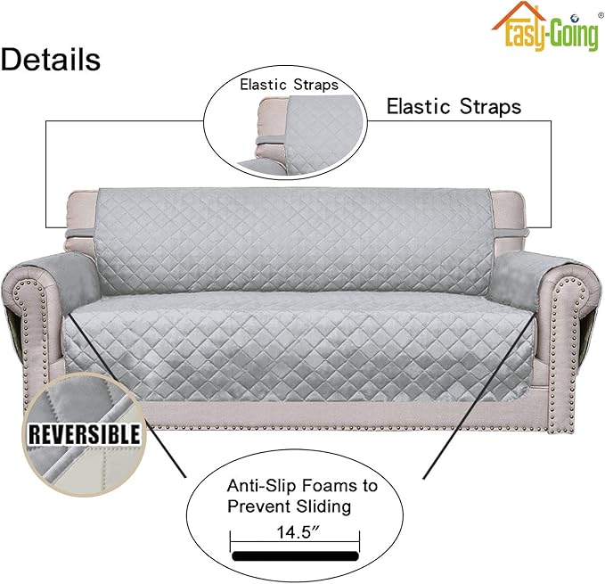 Easy-Going Reversible Loveseat Couch Cover for 2 Cushion Couch Sofa Cover for Dogs Water Resistant Furniture Protector with Foam Sticks Elastic Straps for Pet (Loveseat, Light Gray/Ivory)