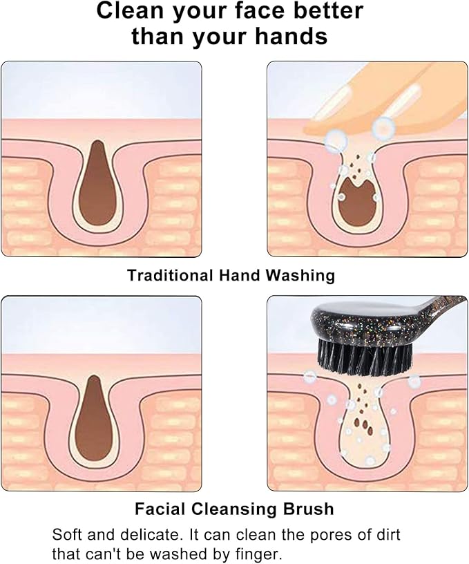 3 Pcs Large Handheld Face Scrubber, Beomeen Facial Cleansing Brush Charcoal Black Bristles Face Exfoliator Cleaner Soft Brush with Lid for Gentle Deep Cleansing and Exfoliating (Black-Glitter)