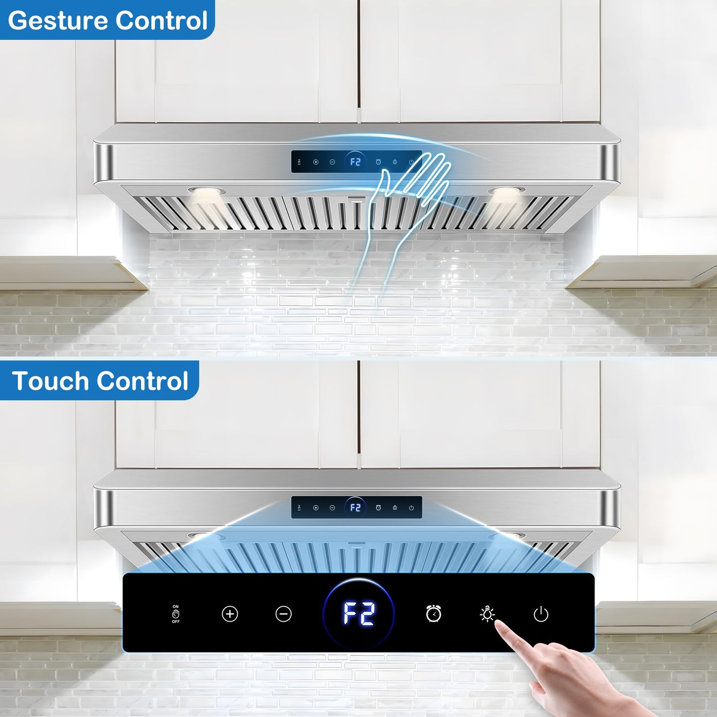 36 inch Under Cabinet Range Hood 1200 CFM with 4-Speed Gesture Sensing & Touch Control, Stainless Steel Kitchen Stove Vent Hoods with 2 LED Lights, Time Setting, Dishwasher-Safe Baffle Filters
