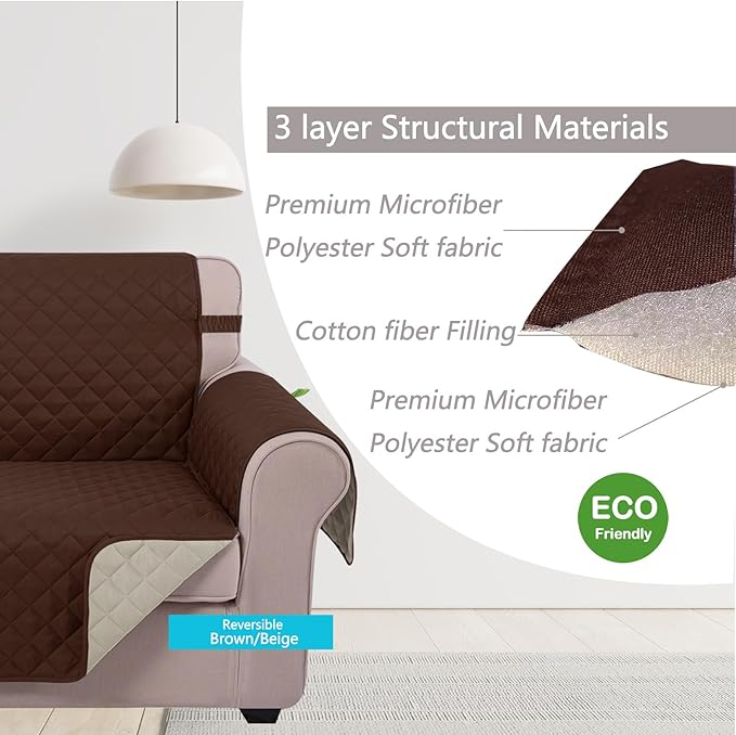 U-NICE HOME Reversible Sofa Cover Couch Cover for Dogs with Elastic Straps Water Resistant Furniture Protector for Pets Couch Cover for 3 Cushion Couch (Sofa, Brown/Beige)