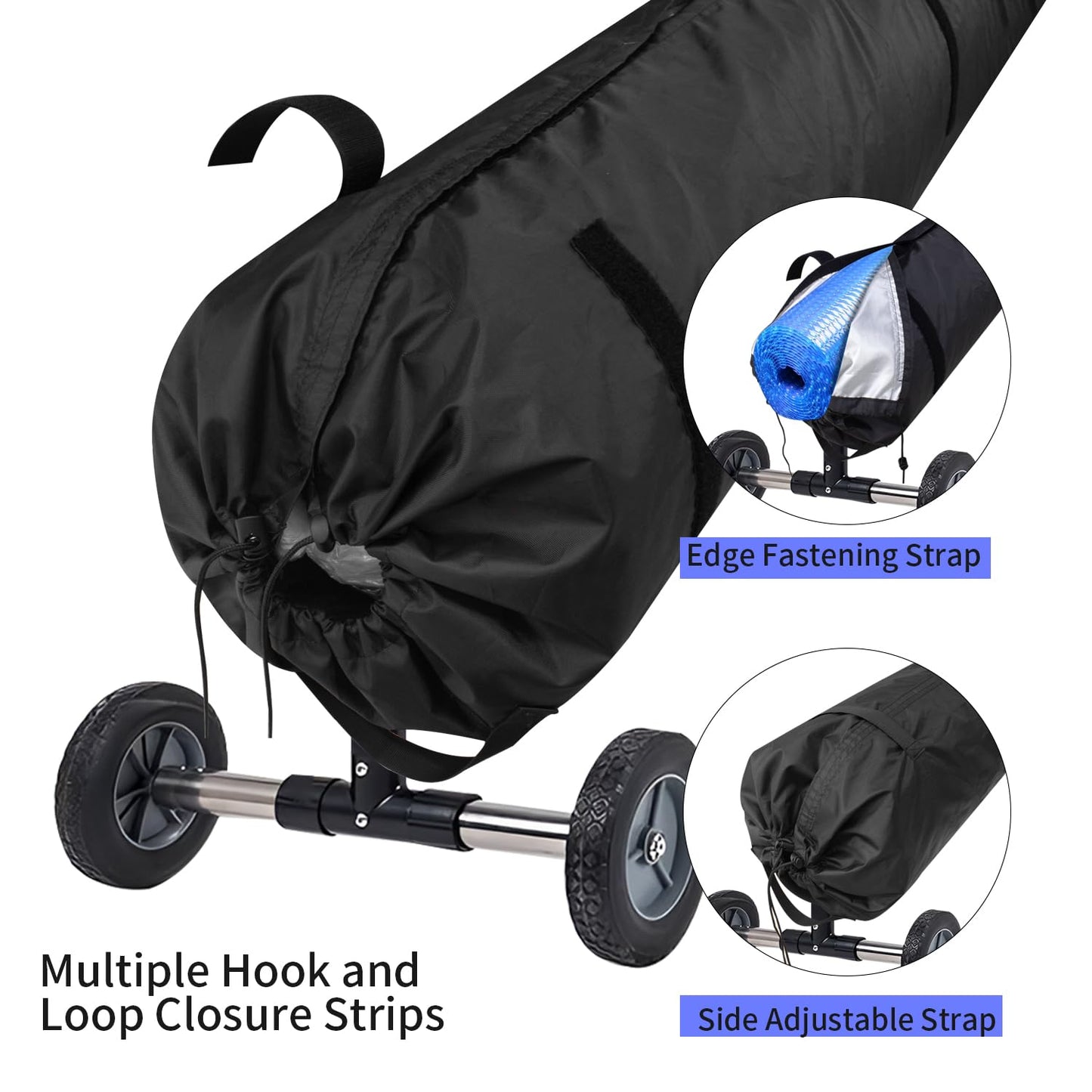 UCEDER Pool Solar Reel Cover with Adjustable Strap, 420D Waterproof Heavy Duty Solar Blanket Protective Cover for Above Ground and Inground Swimming Pool (Black, 16 Ft)