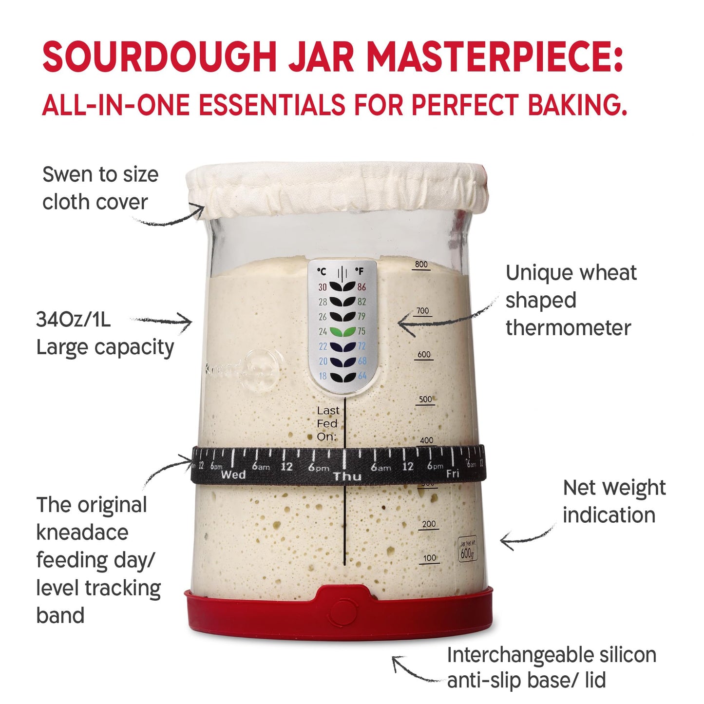 KneadAce Sourdough Starter Kit (PRO 34oz Jar, 2xOval baskets, Red Bread Lame)