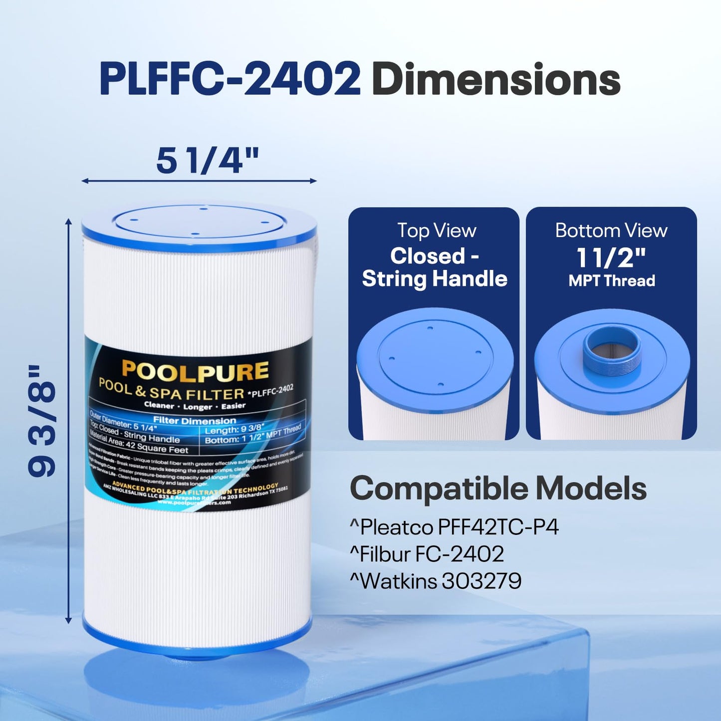 POOLPURE Spa Filter Replaces Watkins 303279, PFF42TC-P4, 5CH-37, 78460, FC-2402, Lifesmart, Freeflow, AquaTerra, Hydromaster, Grandmaster, Simplicity, Bermuda Hot Tub Filters 2PACK