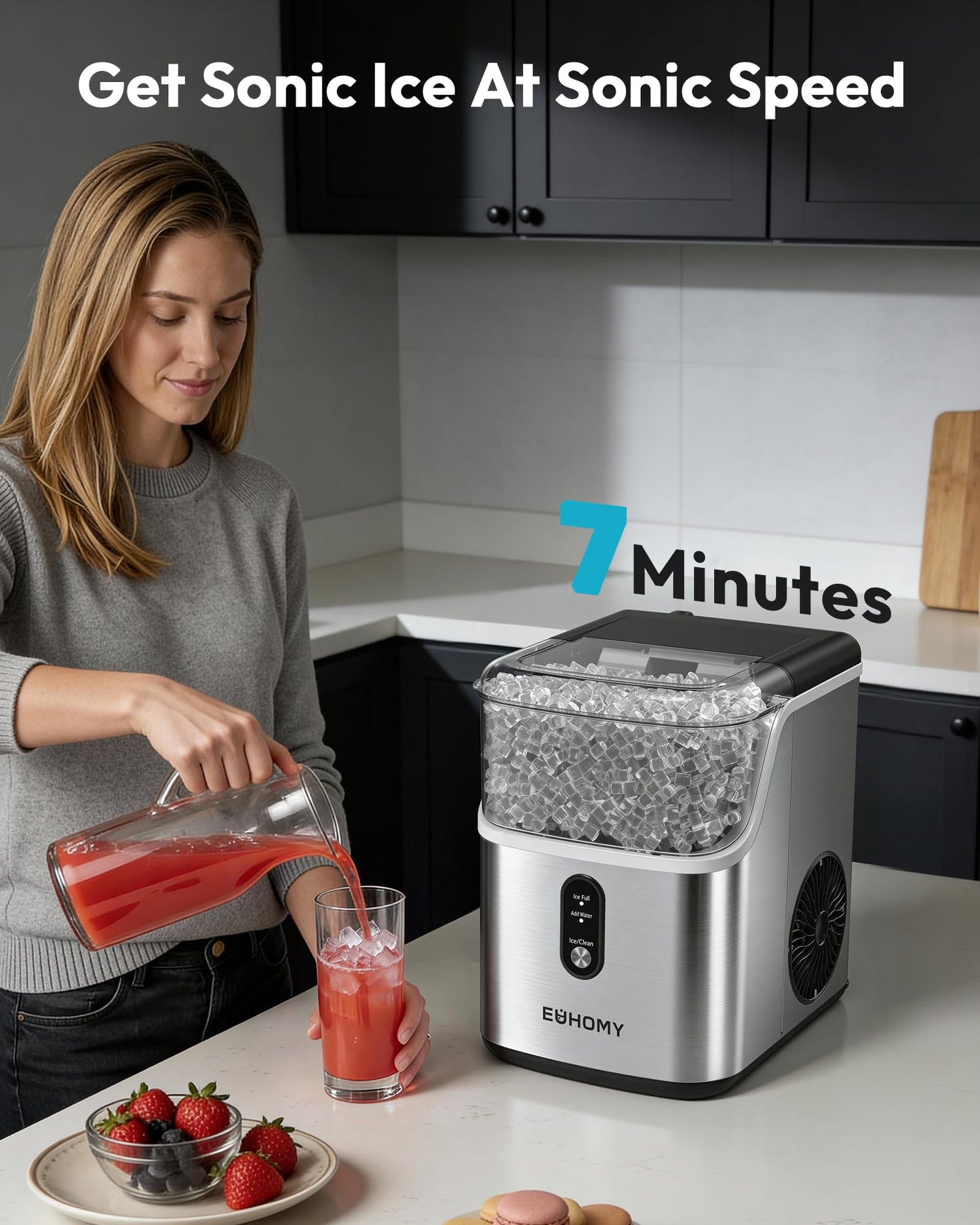 EUHOMY Nugget Ice Maker Countertop, Ready in 7 Mins, 34Lbs/24H Pebble Ice Maker Machine, Self-Cleaning Countertop Sonic Ice Makers with Ice Scoop&Basket, Pellet Ice Maker for Home, Stainless Steel