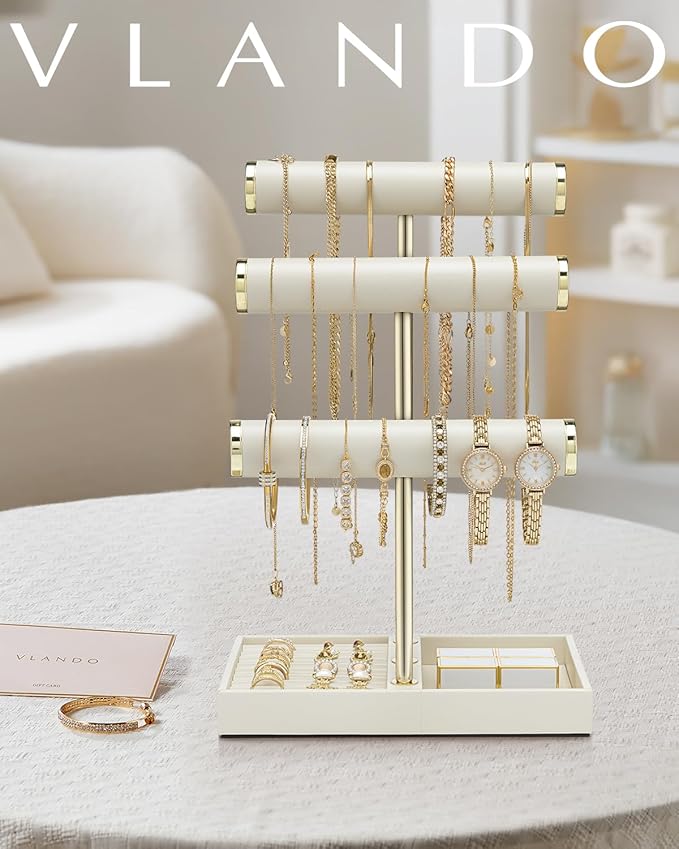 VLANDO 3 Tier Bracelet Holder Organizer with Tray - Leather Jewelry Stand Organizer for Women - Jewelry Holder Display for Necklace, Watches, Rings, Earrings, Bangle, Scrunchie - Cloud White