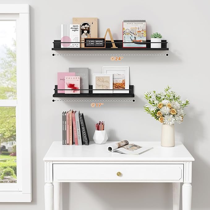 Forbena 24 Inch Wall Shelves for Bedroom 3-Pack, Black Floating Shelves with Rail, Vintage Large Floating Book Shelves for Bathroom Kitchen Living Room Office Decor Kids Room Legos Display (Black)