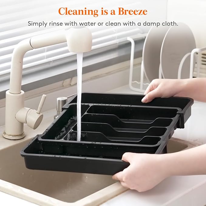 Lifewit Silverware Drawer Organizer, Expandable Utensil Tray for Kitchen, BPA Free Flatware and Cutlery Holder, Adjustable Plastic Storage for Spoons Forks Knives, 8.9-14.7 x 12.2", Black