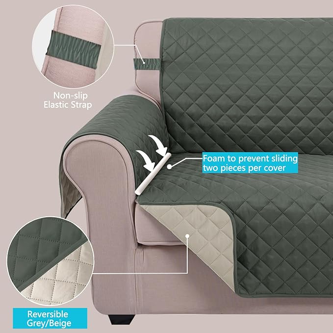 U-NICE HOME Reversible Sofa Cover Couch Cover for Dogs with Elastic Straps Water Resistant Furniture Protector for Pets for 3 Cushion Couch (Sofa, Grey/Beige)