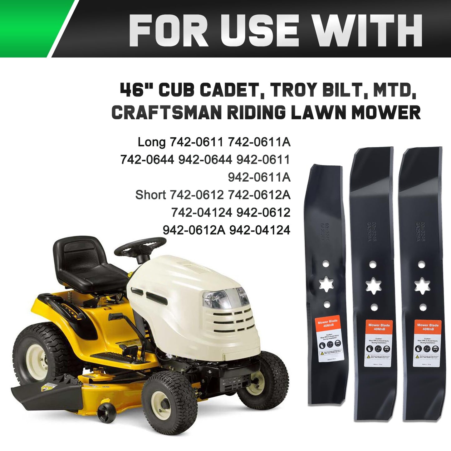 Grasscool 942-0611A 942-0612A Mower Blades for Cub Cadet 46'' Deck Riding Mower Lawn Tractor LT1045 LT1046 Replace 942-04125 942-04124 942-0611 942-0612 942-0616 Mulching