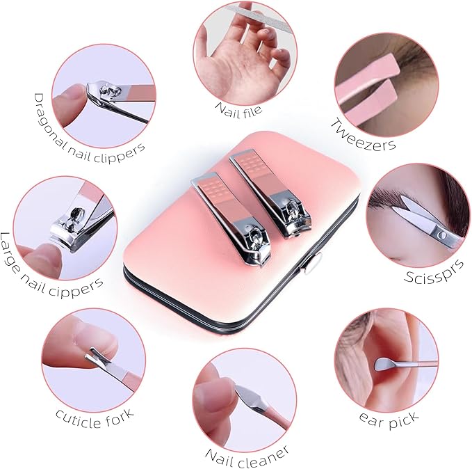 Manicure Set 8 in 1 Nail Clipper Set,RedFlow Nail Clippers,Fingernail & Toenail Clippers,Manicure Tools,Pedicure Tools,Suitable for Travel Manicure Kit,Nail Set Kit with Everything Profe (Pink)