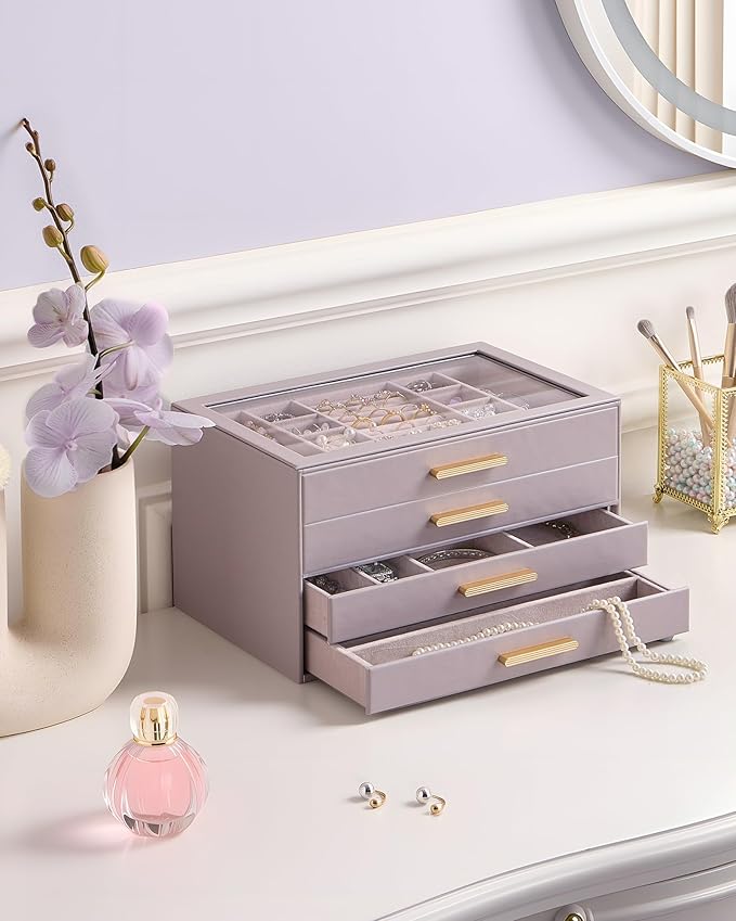 Lolalet Jewelry Box Organizer, 4-Layer Jewelry Organizers and Storage Case with Glass Lid, Ring Earring Bracelet Necklace Holder Organizer, Birthday Valentine Gifts for Women Girls -4Layer, HazePurple