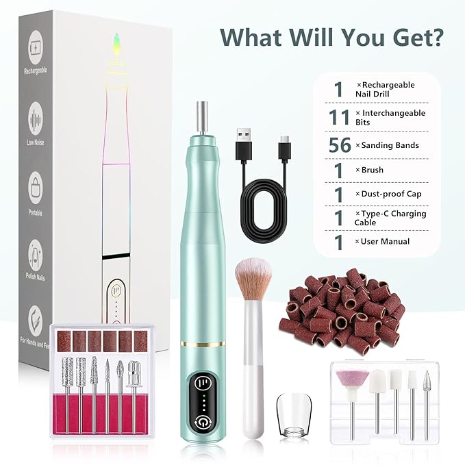 Cordless Nail Drill Electric Rechargeable File Kit, Professional Efile Acrylic Gel Nail Polish Remover Pedicure Manicure Machine Portable Set with 11 Bits 56 Sanding Bands for Salon Mint Green