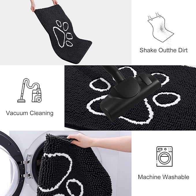 Smiry Dog Door Mat for Muddy Paws, Absorbent Dirt Trapper Non Slip Quick Dry Washable Chenille Mat for Mud Dogs, Entry Rug for Indoor and Outdoor (47x32 Inches, Black and White)