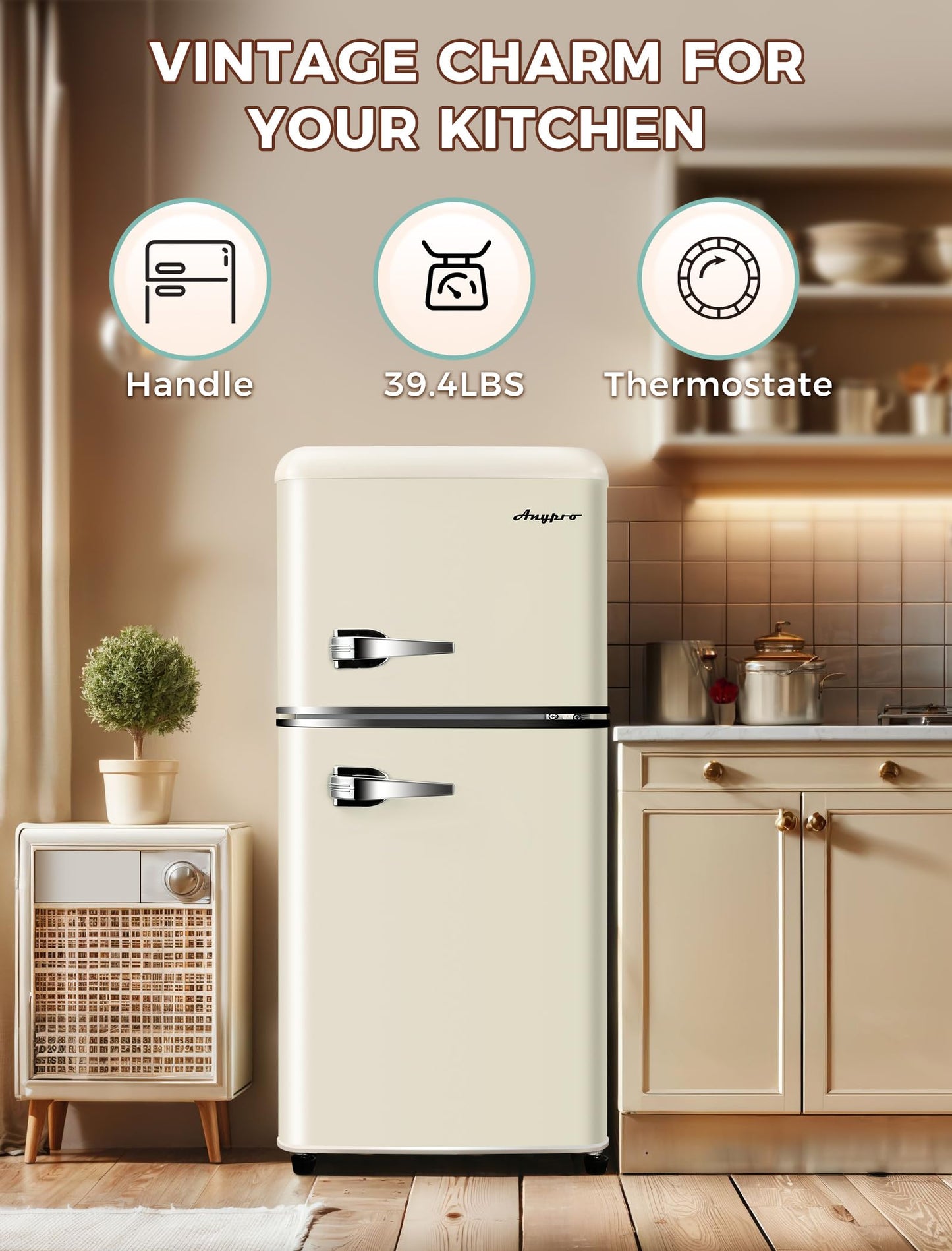 Anypro 3.2 Cu.Ft Refrigerator, Retro Double Door Fridge with Freezer, 7 Adjustable Temperature Settings, Low Noise, Removable Glass Shelves for Dorm, Office, Bedroom, Apartment, White