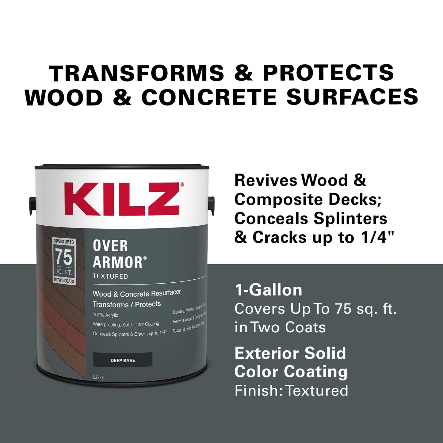 KILZ Over Armor Textured Solid Coating Resurfacer for Wood, Composite and Concrete Surfaces, Slate Gray, 1 Gallon