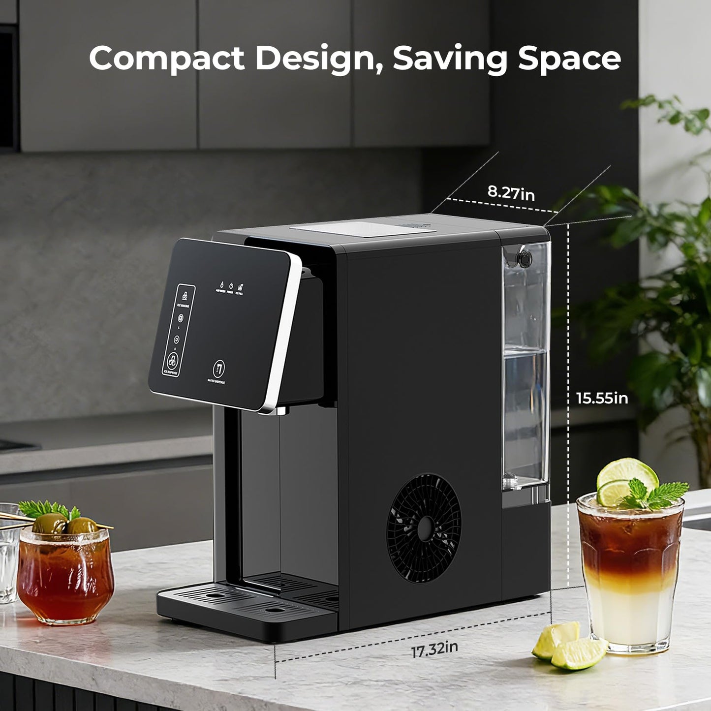 Antarctic Star Countertop Ice Maker & Cold Water Dispenser, 3.3L Removable Water Tank, 9 Bullet Ice Cubes per 8 Mins, 26lbs/24H, 2 Ice Size Options, Ideal for Home/Office/Dorm