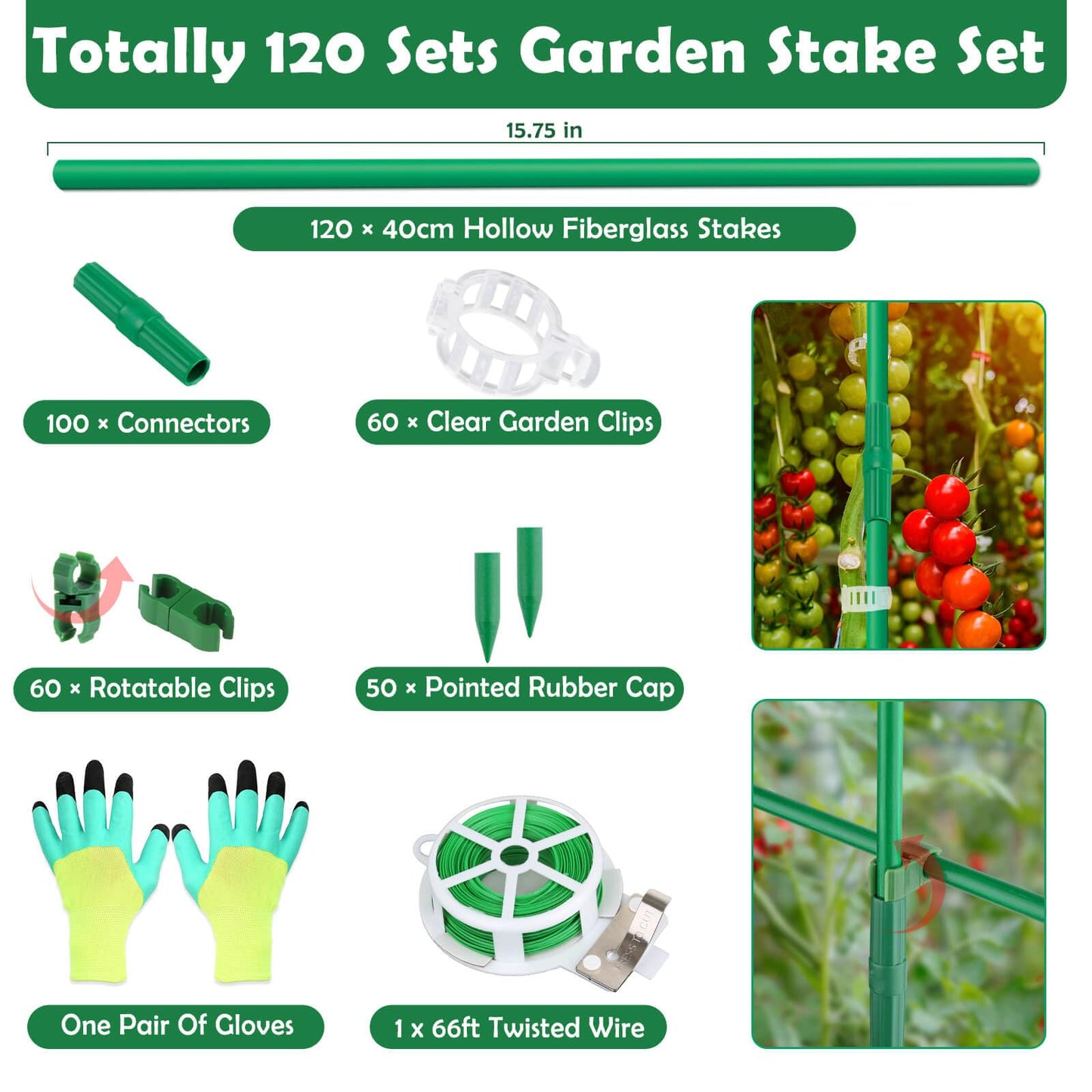Cludoo 393PCS Garden Stakes Set with 120 Sets Fiberglass Plant Stakes Sticks Supports and Accessories, DIY 4ft 5ft 6ft 7ft Tomato Stakes for Tomato,Vegetables, Pepper, Indoor Outdoor Spring Plants