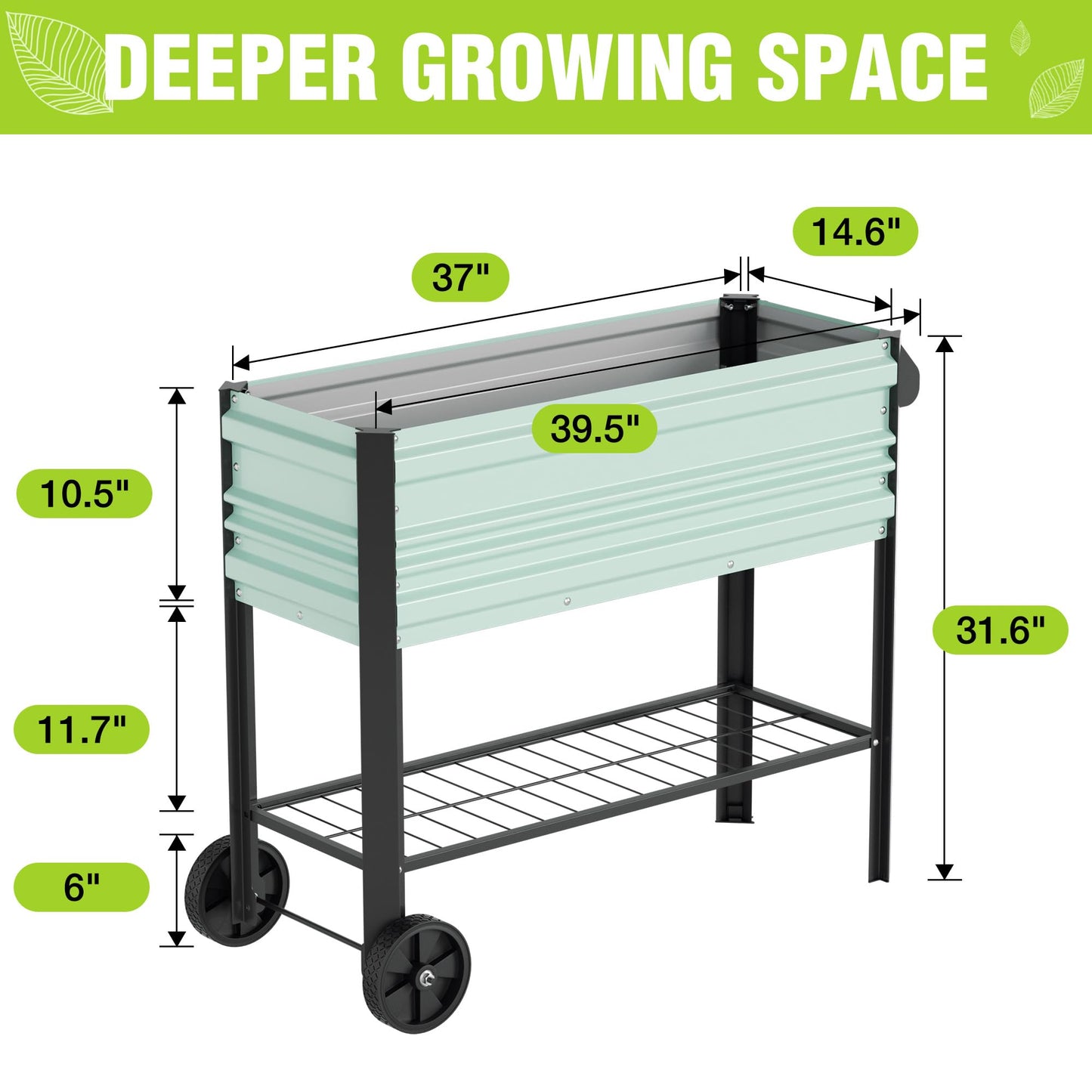 WORKPRO Galvanized Raised Garden Bed with Legs & Wheels, 37x14.6x31.6in, 400LB Capacity Elevated Planter Box for Garden, Backyard, Patio & Deck, Light Green