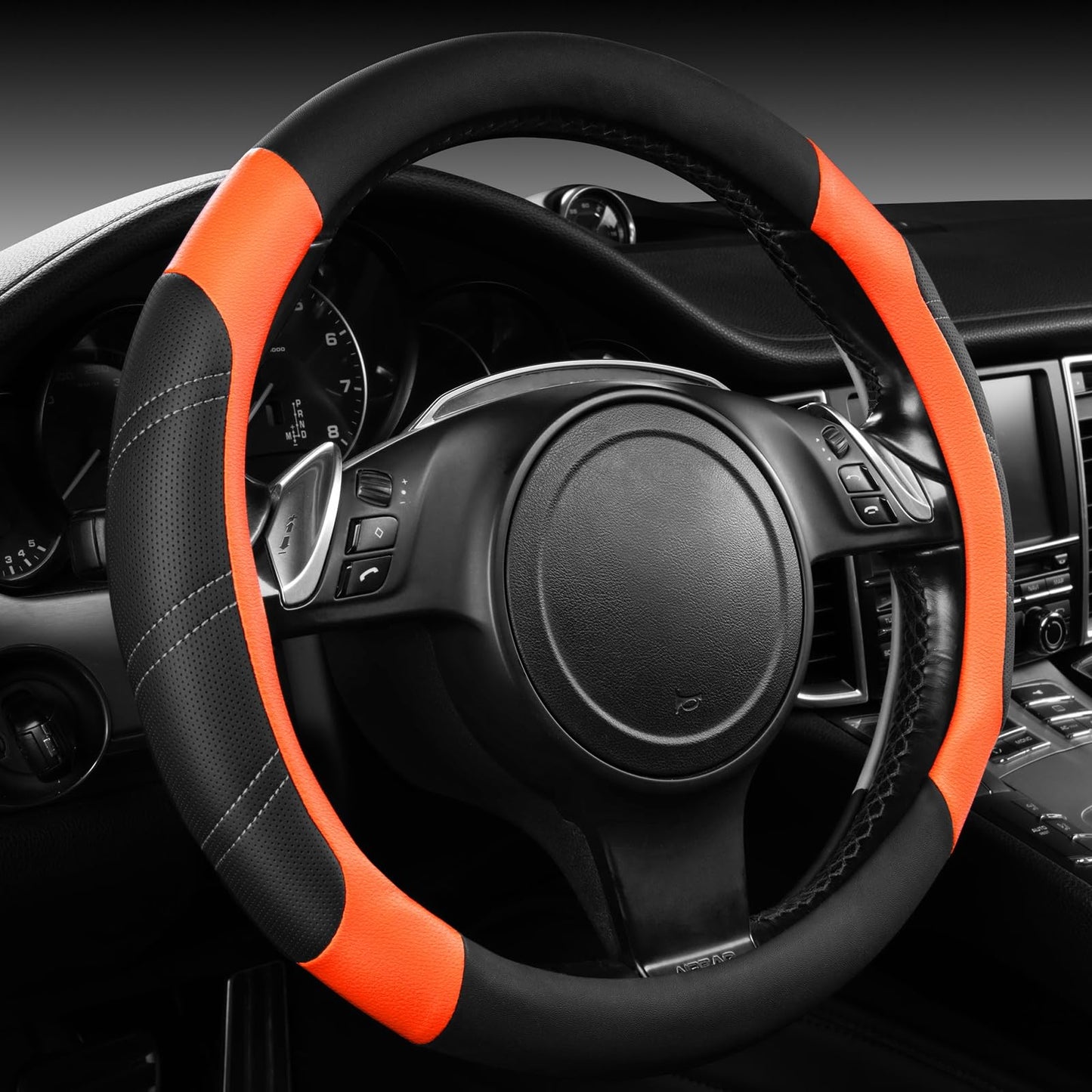 CAR PASS Leather Steering Wheel Cover and Waterproof Car Floor Mats,Microfiber Universal Car Combo Fit for 95% Sedan SUV Van Truck,14.5-15inch Sporty Anti-Slip Safety Comfortable Design, Black＆Orange