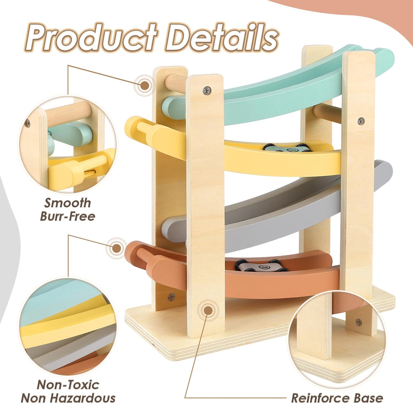 Joyreal Montessori Toys for 1 2 Year Old Boys and Girls - Soft Color Wooden Car Ramp Race Track Set with 4 Mini Cars & Garage - Christmas Birthday Gifts for Toddlers 1-3 Year Old