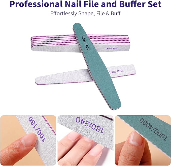 SWEET VIEW 14PCS Nail File and Buffer Set, 100/180 180/240 Grit Emery Boards for Acrylic Gel Natural Nails, with 1000/4000 Grit Buffer Block for High Shine, for Women