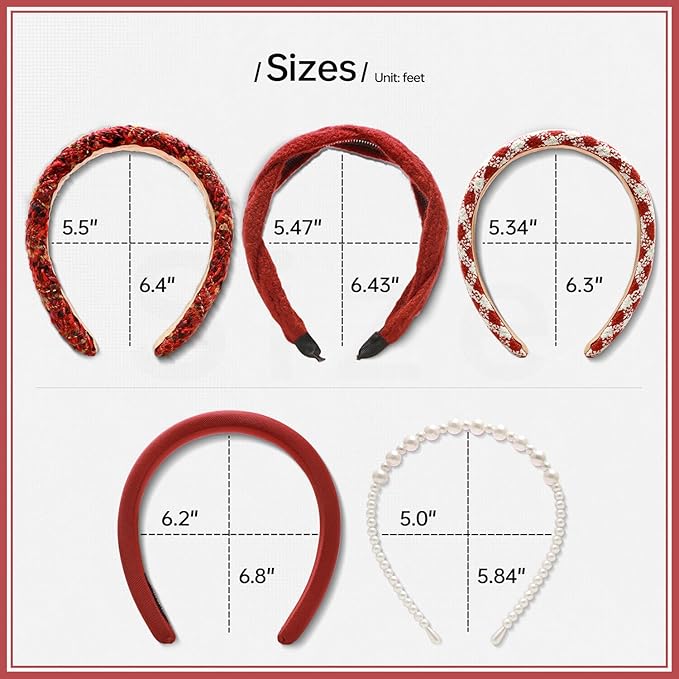 Fashion Headbands Set - 5pcs Red Wide Pearl Rhinestone Padded Hair Accessories for Women, Mothers Day, Valentine's Day, Christmas