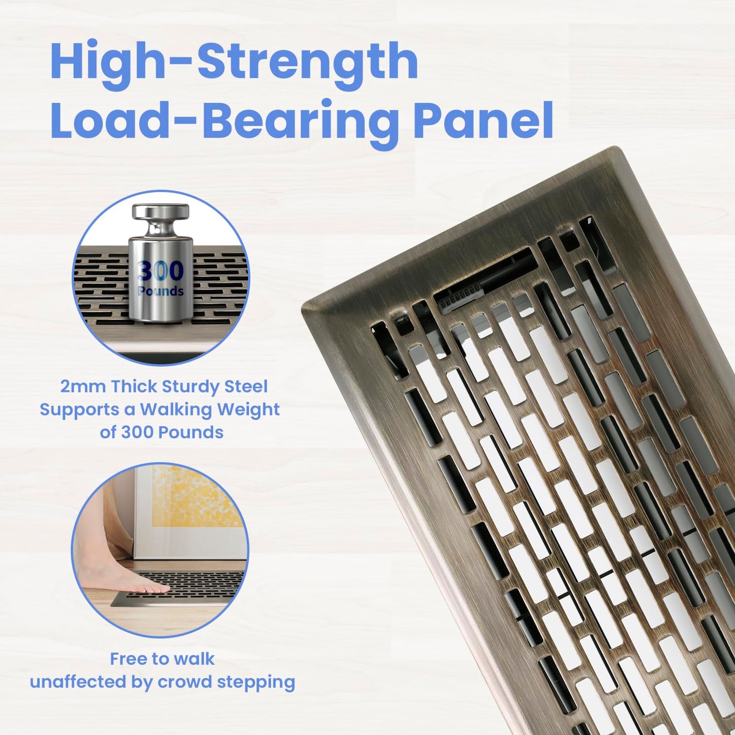Howeall 4x10 Inches Heavy Duty Walkable Floor Register - Easy Adjust Air Supply Lever Decorative Floor Vent Covers - Boston Design Vent Covers for Home - Antique Brass