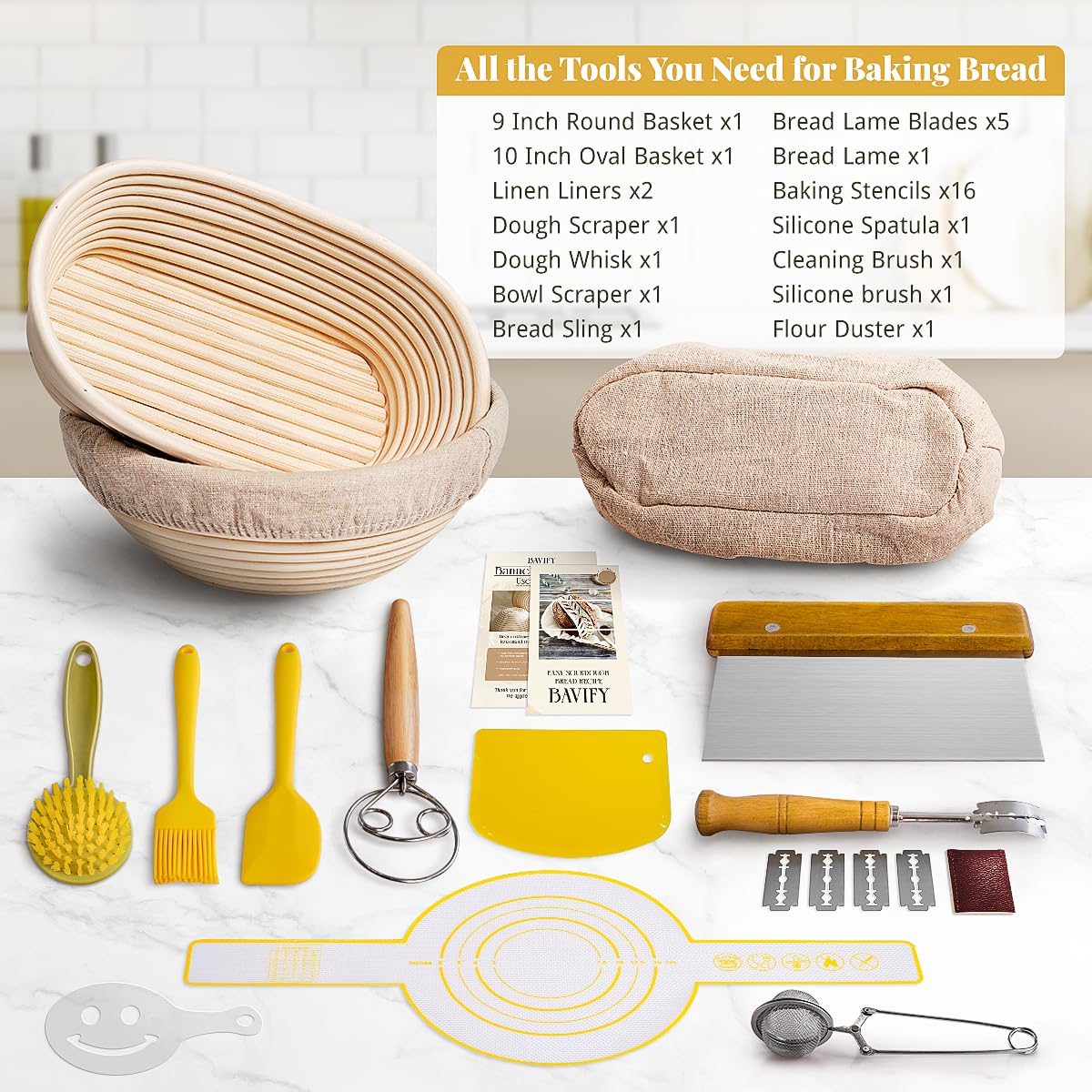 BAVIFY Banneton Bread Proofing Basket Sourdough Bread Baking Supplies, Sourdough Starter Kit with 9" Round & 10" Oval Banneton Baskets, Bread Lame, Sling, Spatula, Scraper, Dough Whisk