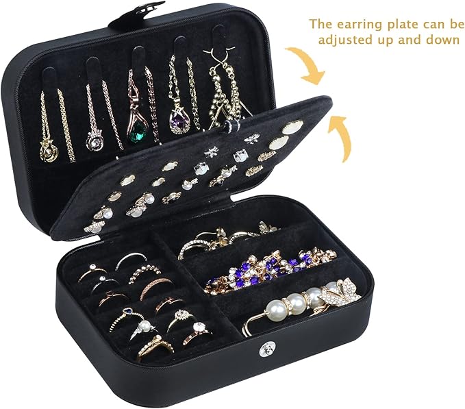 Hatori Travel Jewelry Box, PU Leather Small Jewelry Organizer for Women Girls, Portable Mini Travel Case Display Storage Holder Boxes for Stud Earrings, Rings, Necklaces, Bracelets (Black02)