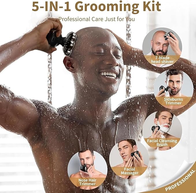SHPAVVER Head Shavers for Bald Men: 5-in-1 Upgraded Electric Razor - IPX7 Waterproof Shaving Grooming Kit for Balder - Turbo Speed & Precision Blades Valentine's Day (Ink Black)