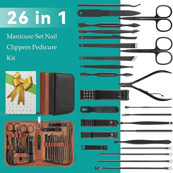 Nail Clippers Set, 26 Piece Manicure Set & Pedicure Kit, Stainless Steel Fingernail & Toenail Clipper Cutters, Professional Nail Care Tools with Luxurious Travel Case for Men and Women, Brown