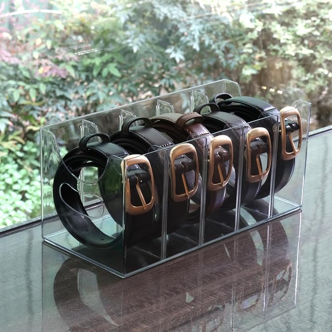 Belt Organizer - Clear Stackable Belt holder for Closet and Drawer Storage - 5 Compartments with Removable Dividers, Multi-Purpose Display Bins With Inserts For Ties, Socks, underwear (1)