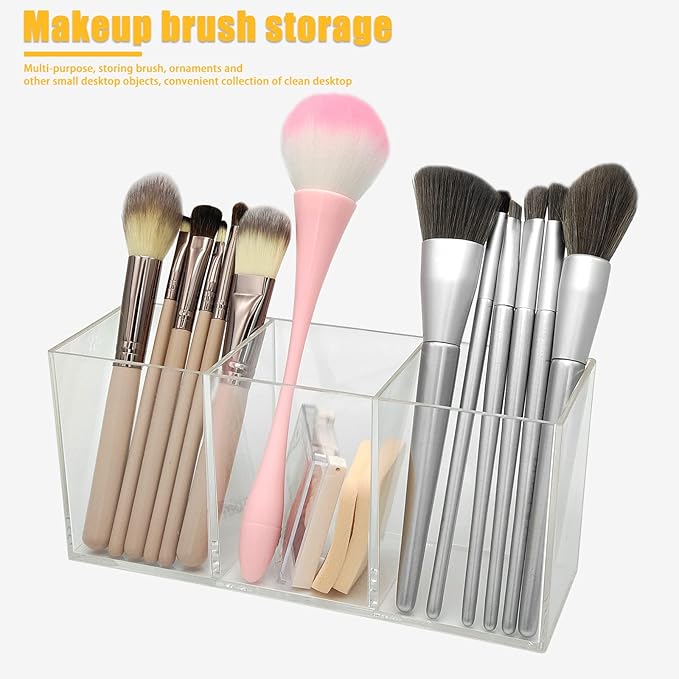 Clear Makeup Brush Organizer,Acrylic Cosmetic Brushes Storage Holder with 3 Slots,Pencil Pen Holder for Desk,Desk Organizer and Accessories for Vanity