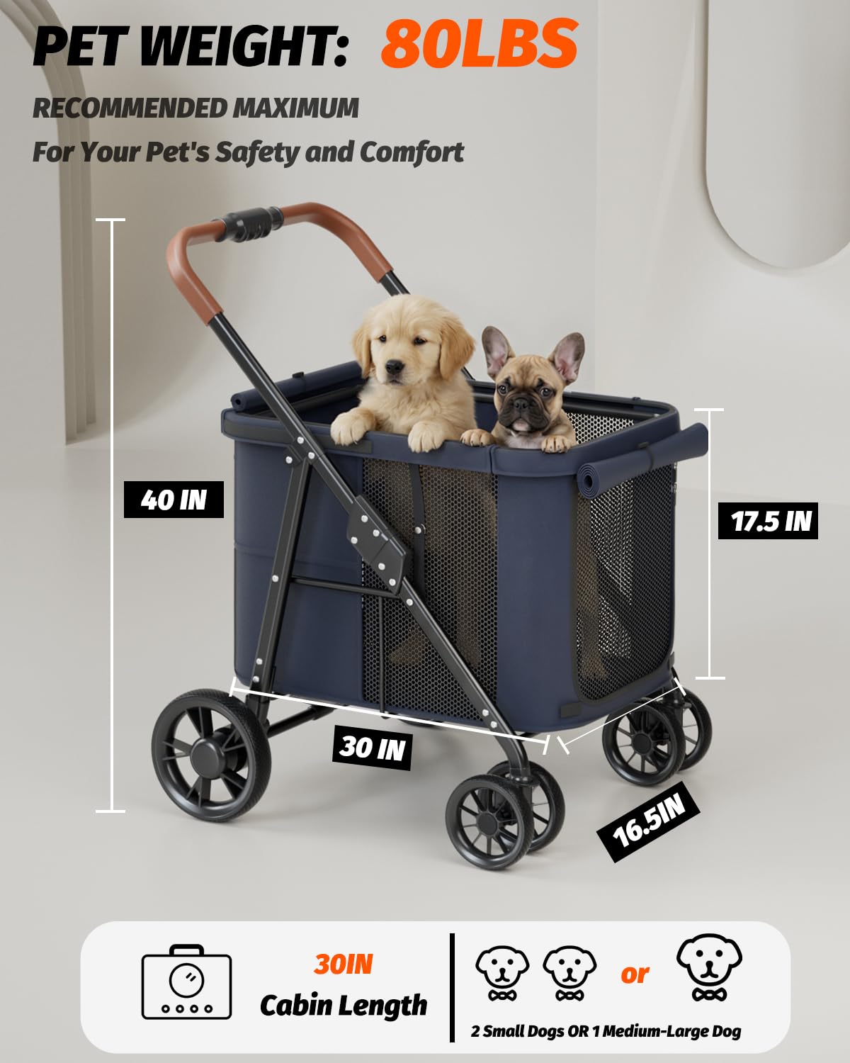 NUGUTIC Dog Stroller for Large & Medium Dogs, Pet Stroller for 2 Small Dogs Up to 80 Lbs, Extra Large Heavy Duty, Folding & Breathable, All-Terrain Wheels, Navy Blue