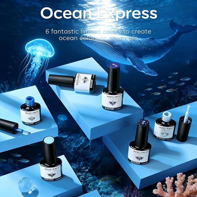modelones Blue Gel Nail Polish Set 6 Colors, 2026 Spring Pastel Royal Navy Sky Icy Klein Blue Glitter Gel Polish Kit Light to Dark Shades Soak Off All Seaones Nail Art Gel Salon DIY Manicure Gift
