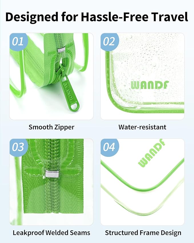 WANDF TSA Approved Toiletry Bag, 2 Packs Travel Clear Toiletry Bag, Quart Size Makeup Cosmetic Pouch with Zipper, Carry-On Airport Compliant Bag for Women and Men (2pcs Green)