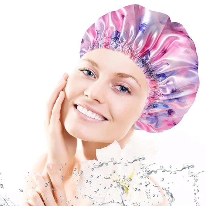4 PCS Shower Caps for Women, 3D Printing Bath Caps, Double Layers Shower Cap Reusable Waterproof, Bathing Shower Caps, Environmental Protection Hair Bath Hat - Flower C