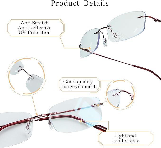 LifeArt Blue Light Blocking Computer Reading Glasses,Men's and Women's Rimless Frame (Red, +3.50 Magnification)