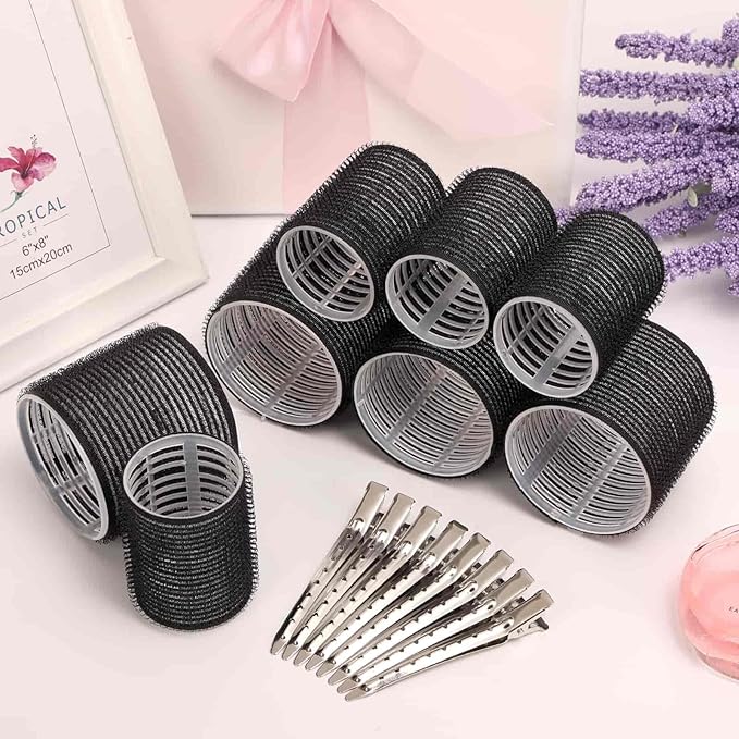 Self Grip Hair Rollers Curlers 16 Pcs Set with 8Pcs Hair Rollers 2 Sizes (4 Jumbo & 4 Large) and 8 Pcs Hair Clips for Long Medium Short Thick Fine Thin Hair Volume (Black)