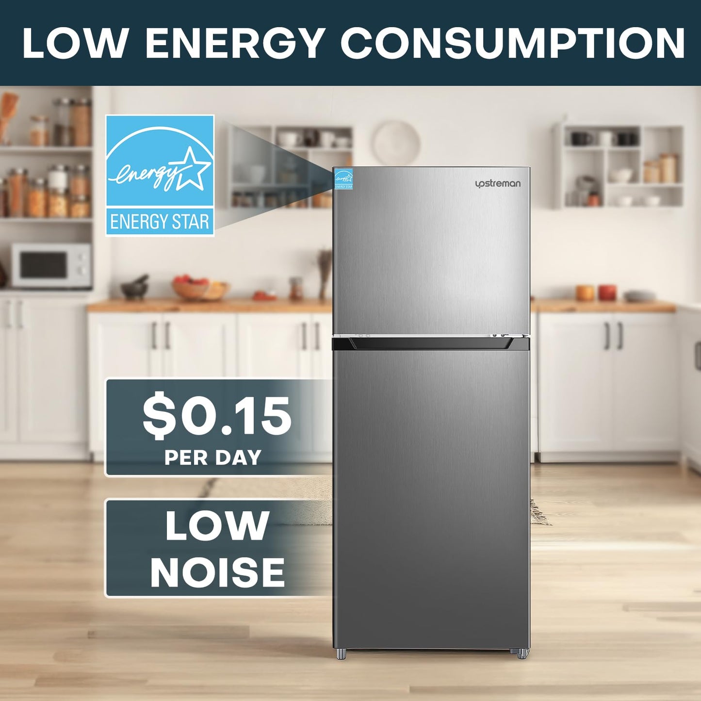 Upstreman 14.7 Cu.Ft. Double Door Refrigerator in Stainless Steel with Large Capacity Top Freezer, Frost Free, Adjustable Thermostat Control, Fingerprint-resistant, ENERGY STAR-BD147