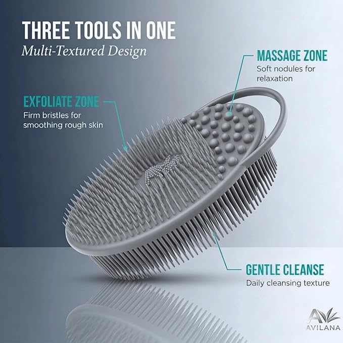 Avilana Premium Exfoliating Body Scrubber - Trusted Since 2017 - SGS Certified Silicone Bath Brush, Firm Bristles Smooth Rough Bumpy Skin Texture, Dual Sided Loofah Alternative Women Men Kids