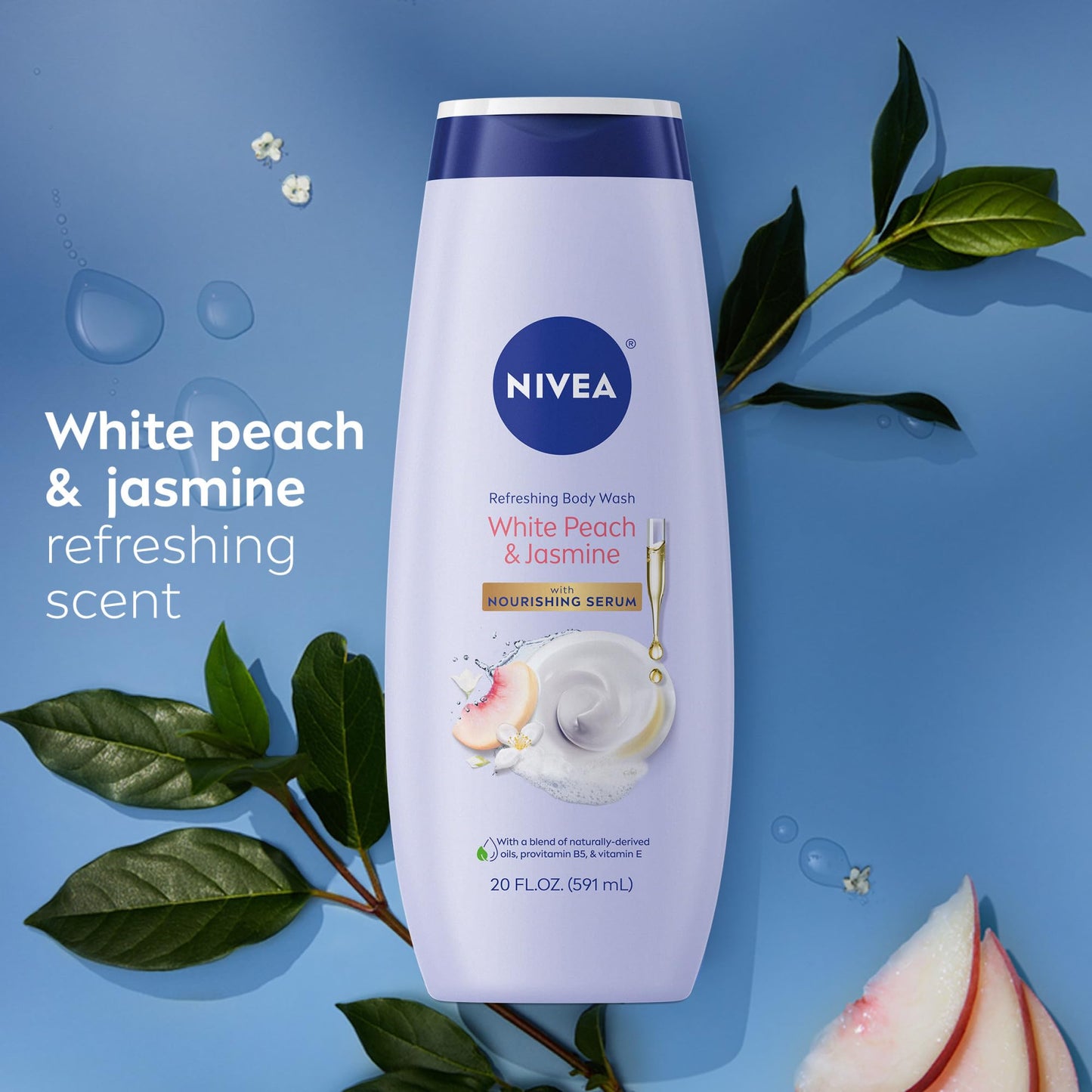 NIVEA Refreshing White Peach and Jasmine Body Wash with Nourishing Serum,Scented Body Wash for Women,Enriched with Provitamin B5 and Vitamin E,20 Fl Oz Bottle,(Pack of 6)