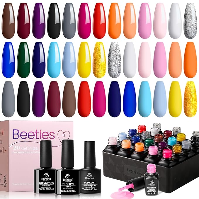 Beetles Gel Nail Polish Set - 20 Pcs Neon Nail Gel Polish Set Soak Off Uv LED Gold Sliver Glitter Nail Polish Kit Blue Pink Black White Uv for Nail Art Salon Valentines Gift for Women