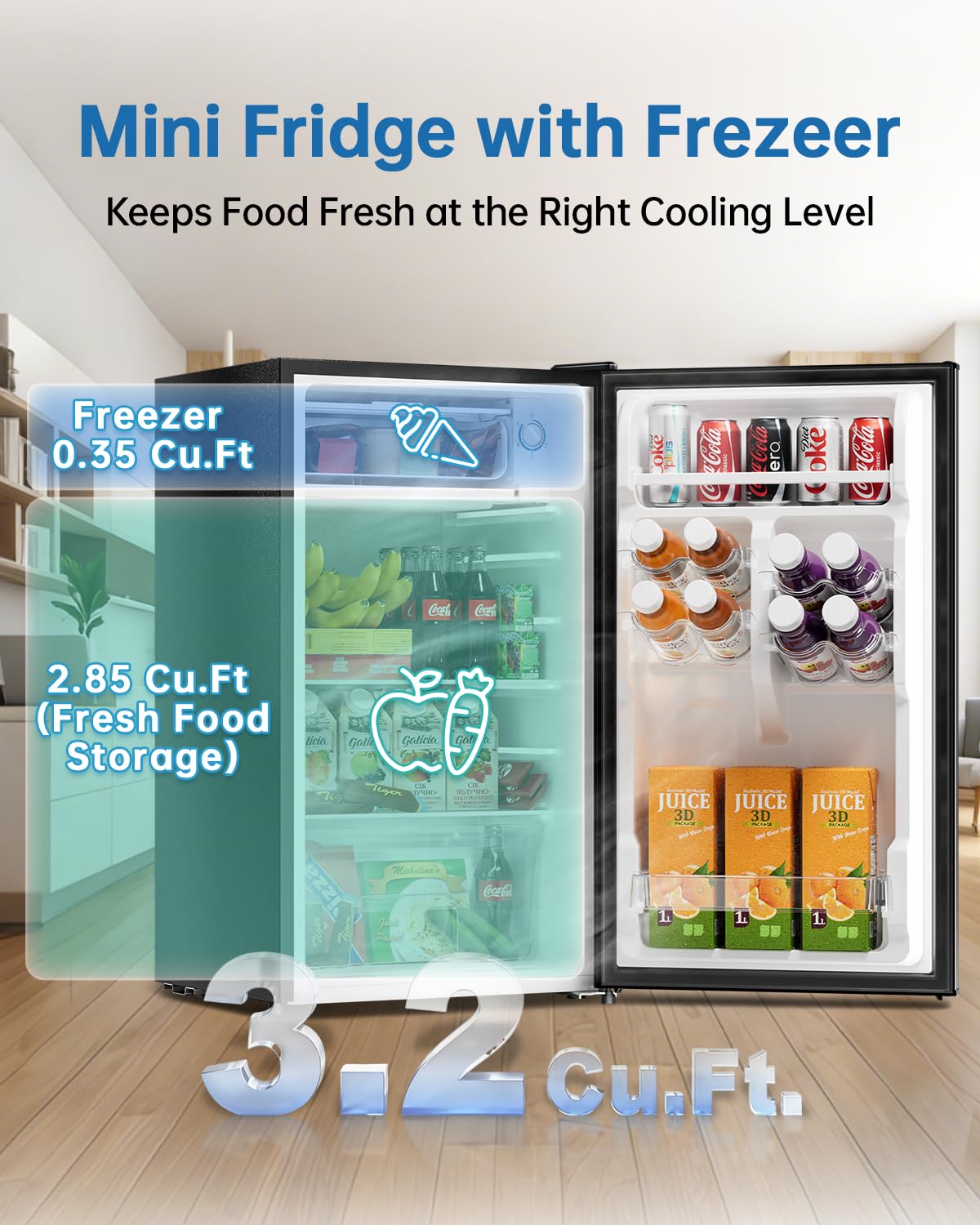 Frostorm 3.2 Cu Ft Mini Fridge with Freezer - Energy Efficient, Large Capacity Single Door Upright Freezer for Bedroom, Office & Dorm | Small Fridge, Reversible Door, ETL Certified(Black)