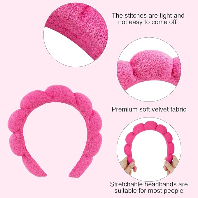 Semato Spa Headband and Wristband Set - Fluffy Bow Face Wash Hair Accessories With Bubble Sponge for Women and Girls (Hot Pink)