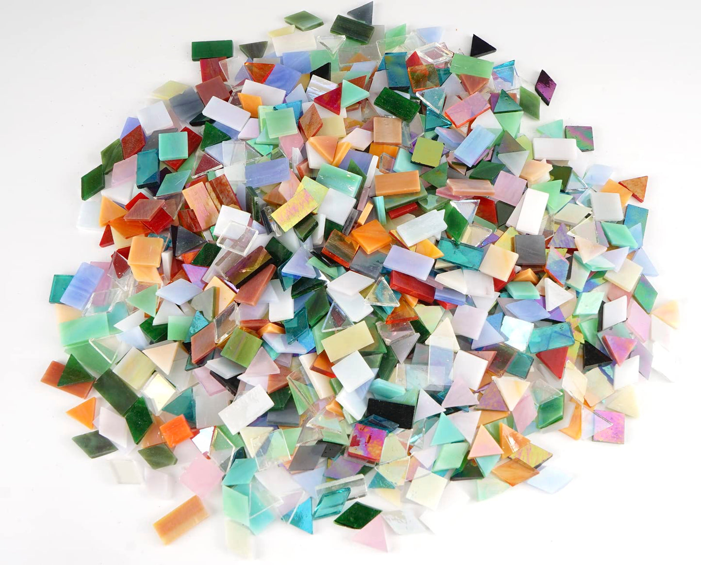 Lanyani Iridescent Glass Mosaic Tiles Bulk, 4-Shapes 700 Pieces Sparkle Iridized Stained Glass Tile for Mosaic Crafts